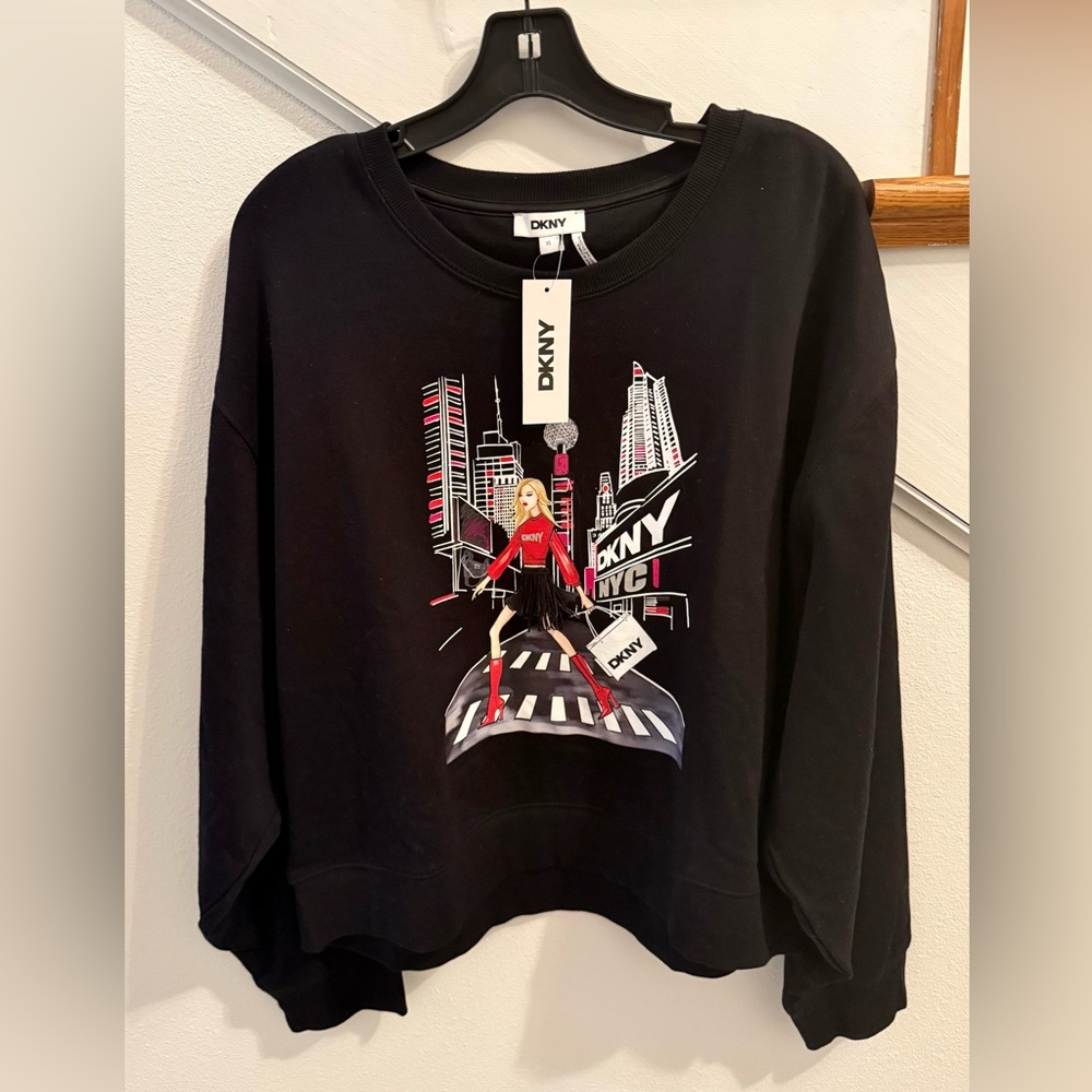 DKNY Black and Red Graphic Sweatshirt with fringe skirt NWT with free gift